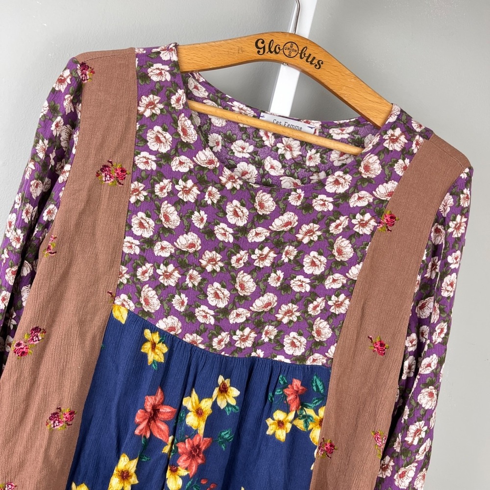 Ces Femme Boho Cottagecore Top Womens S Patchwork Floral Long Sleeve